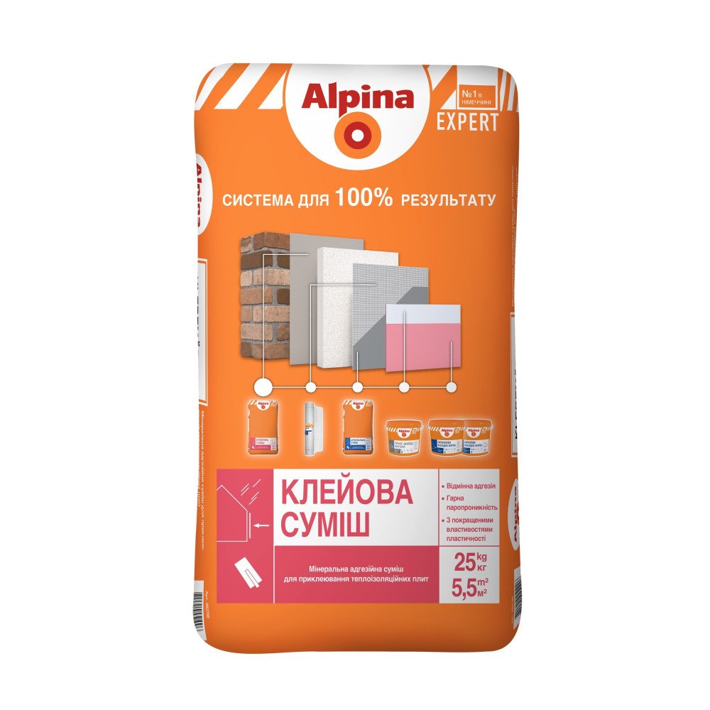 Суха мінеральна суміш для приклеювання теплоізоляційних плит Alpina Expert Клейова суміш 25 кг